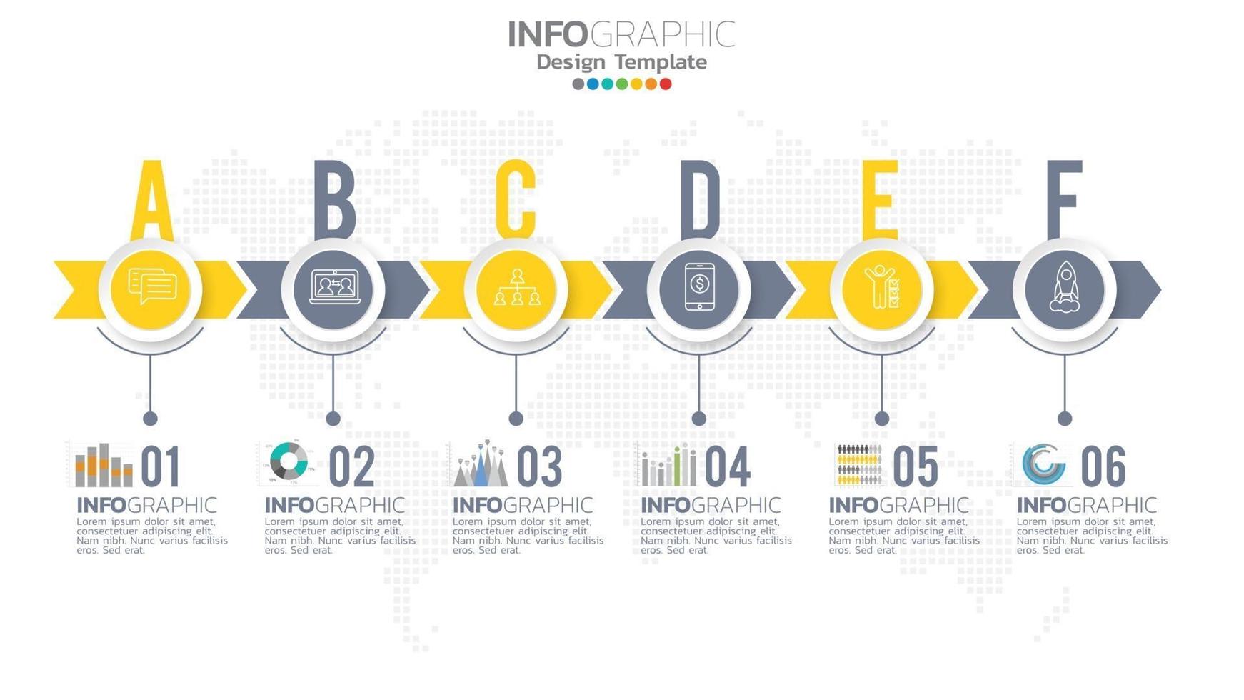 Infograph 6 step yellow color element with circle graphic chart diagram, business graph design. vector