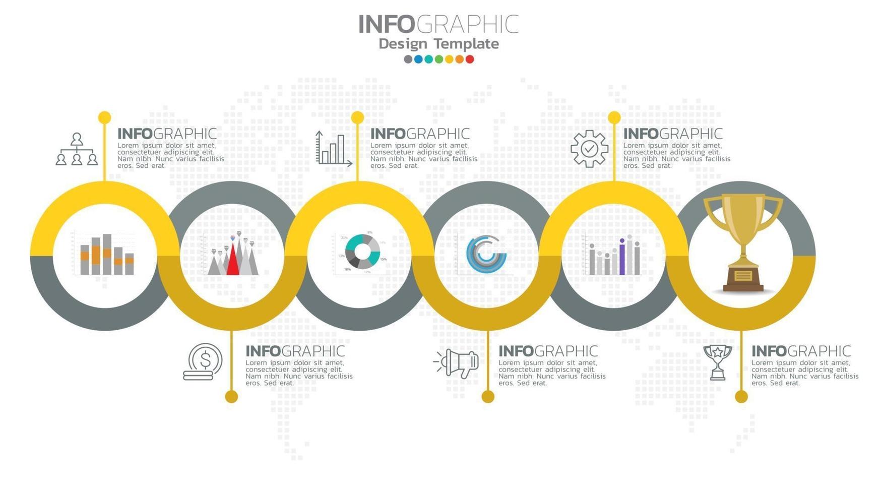 Infograph 6 step yellow color element with circle graphic chart diagram, business graph design. vector