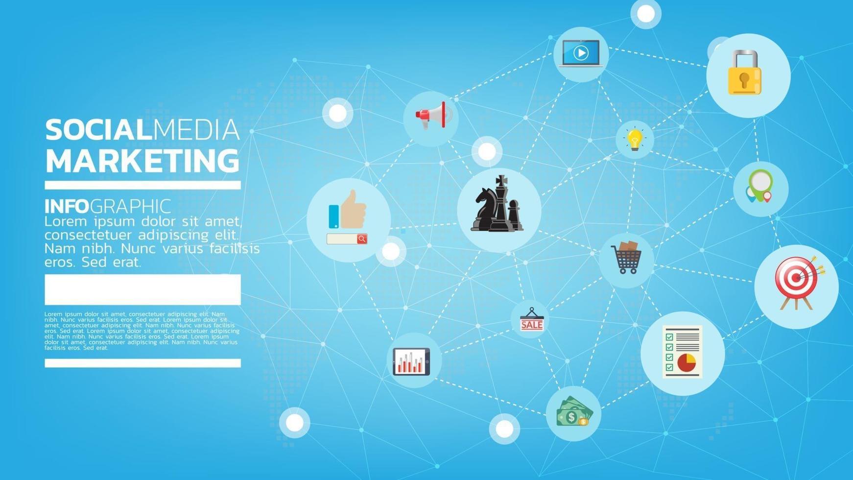 Social media marketing template concept with emoji, webpage, search icons, chat and chart with smartphone vector