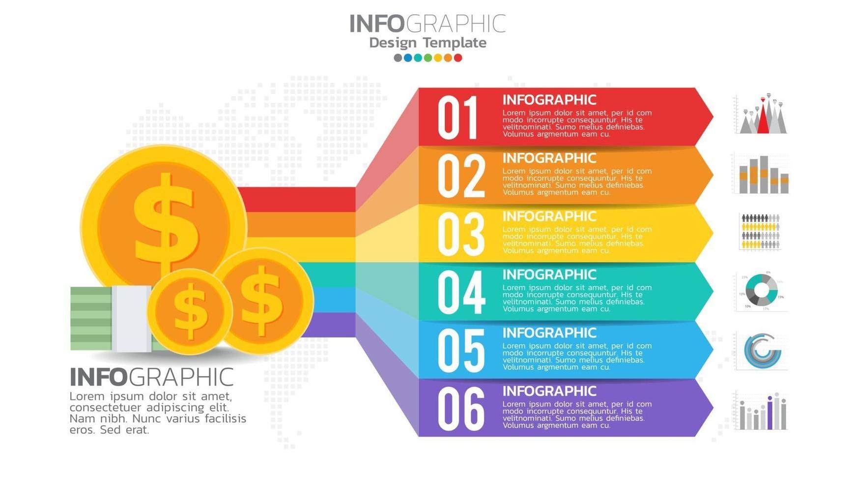 Money infographic with 6 steps element chart diagram, business graph design. vector