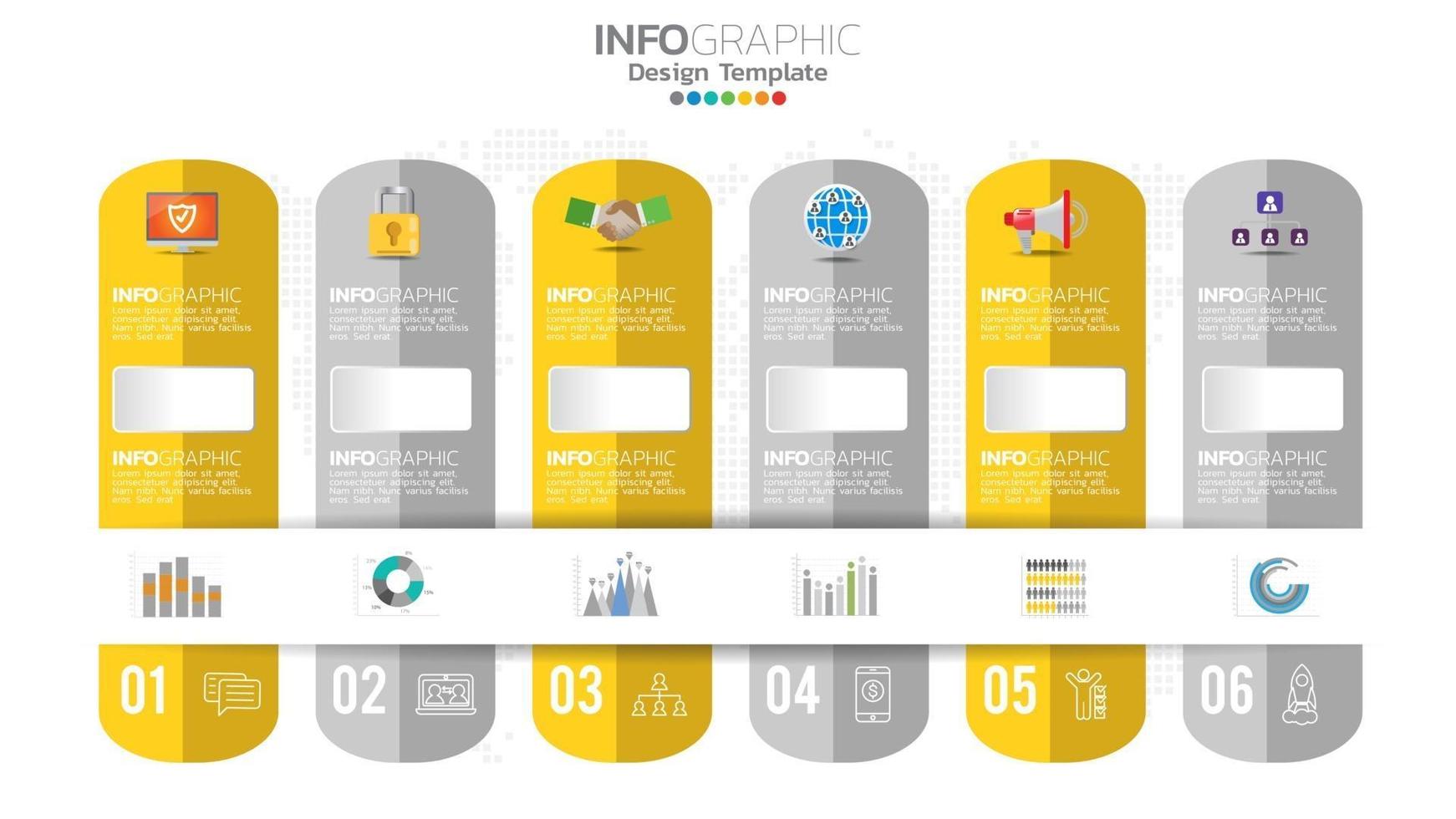 Infograph 6 step yellow color element with circle graphic chart diagram, business graph design. vector