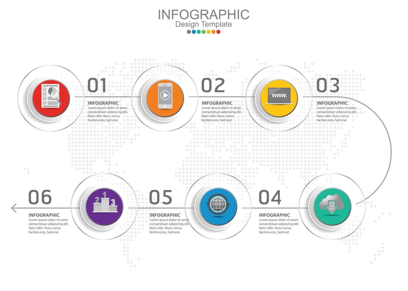 Vector infographic template with six options and icons.