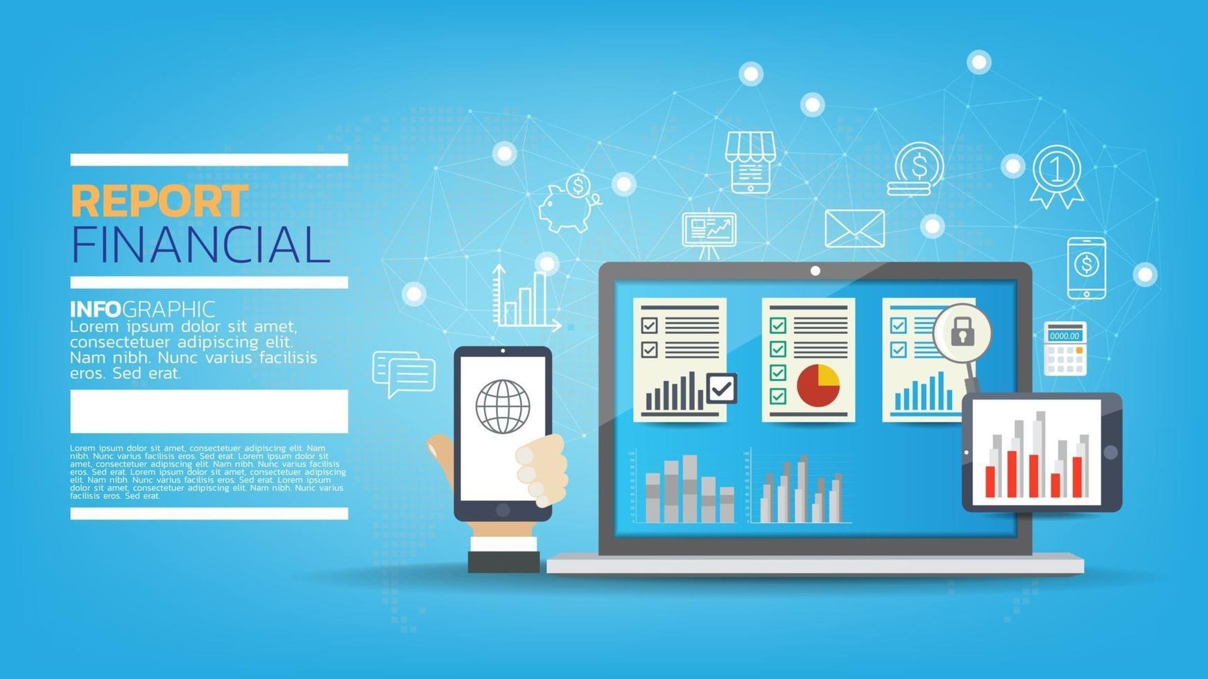 Laptop with graphs and charts on the screen, accounting, analysis, audit, research, results. vector