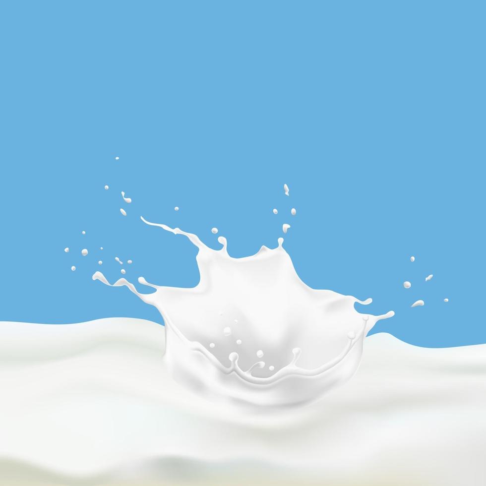 Abstract realistic milk drop with splashes isolated on blue background. vector illustration