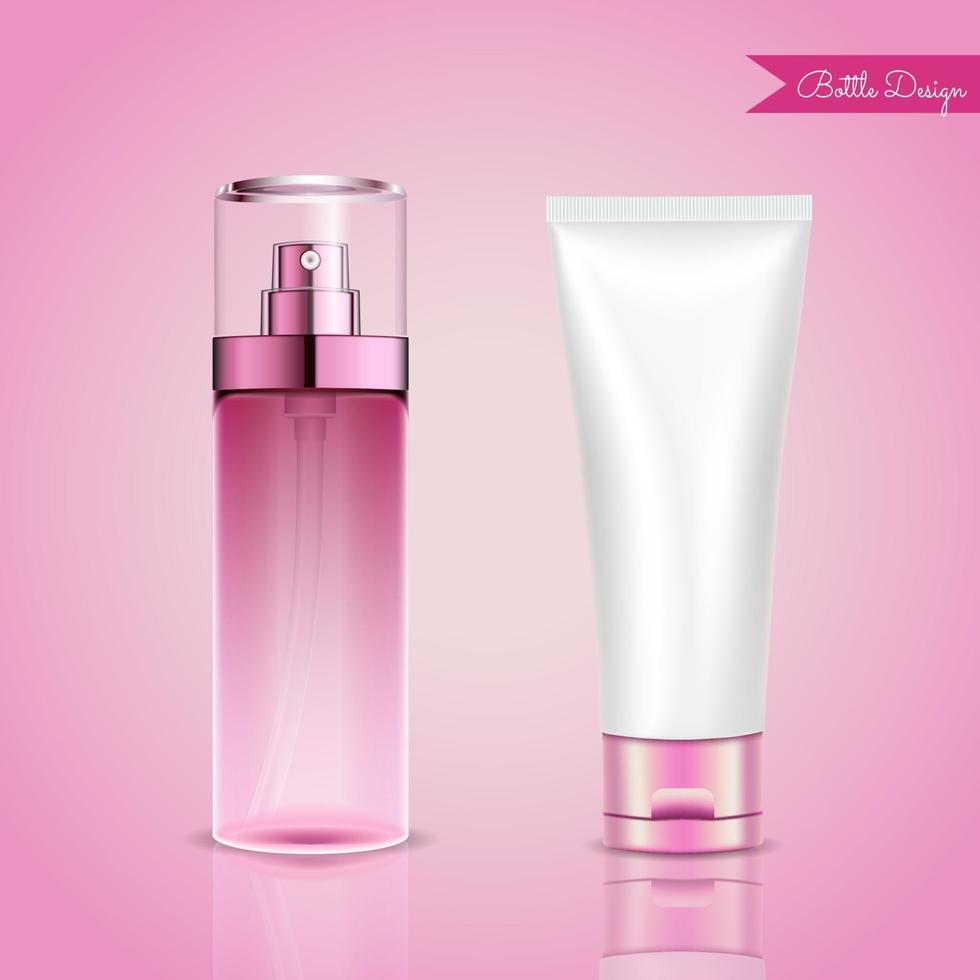 Pink cosmetic bottles mockup vector