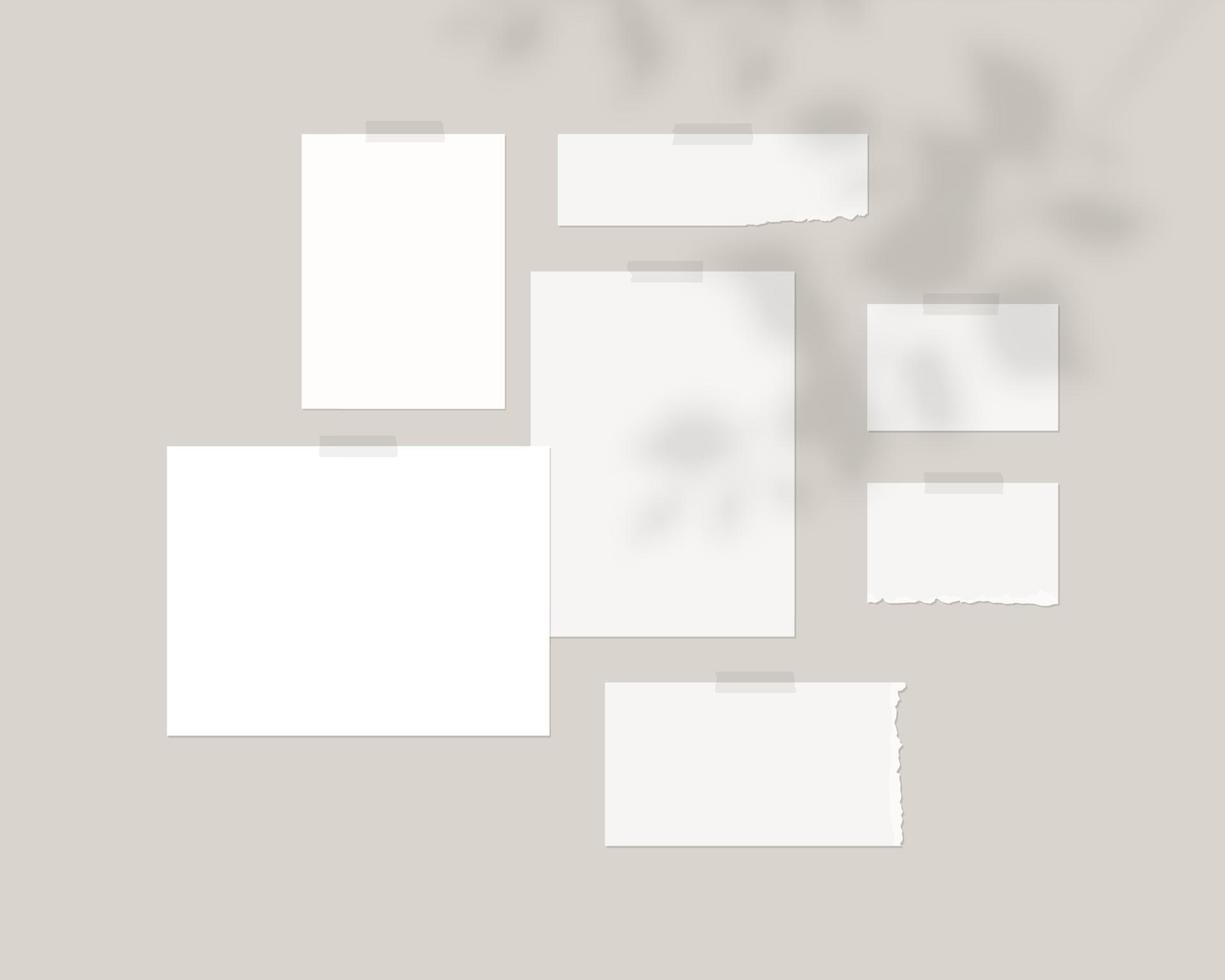 plantilla de maqueta de tablero de estado de ánimo. hojas vacías de papel blanco en la pared con superposición de sombras. vector de maqueta aislado. diseño de plantilla. ilustración vectorial realista.