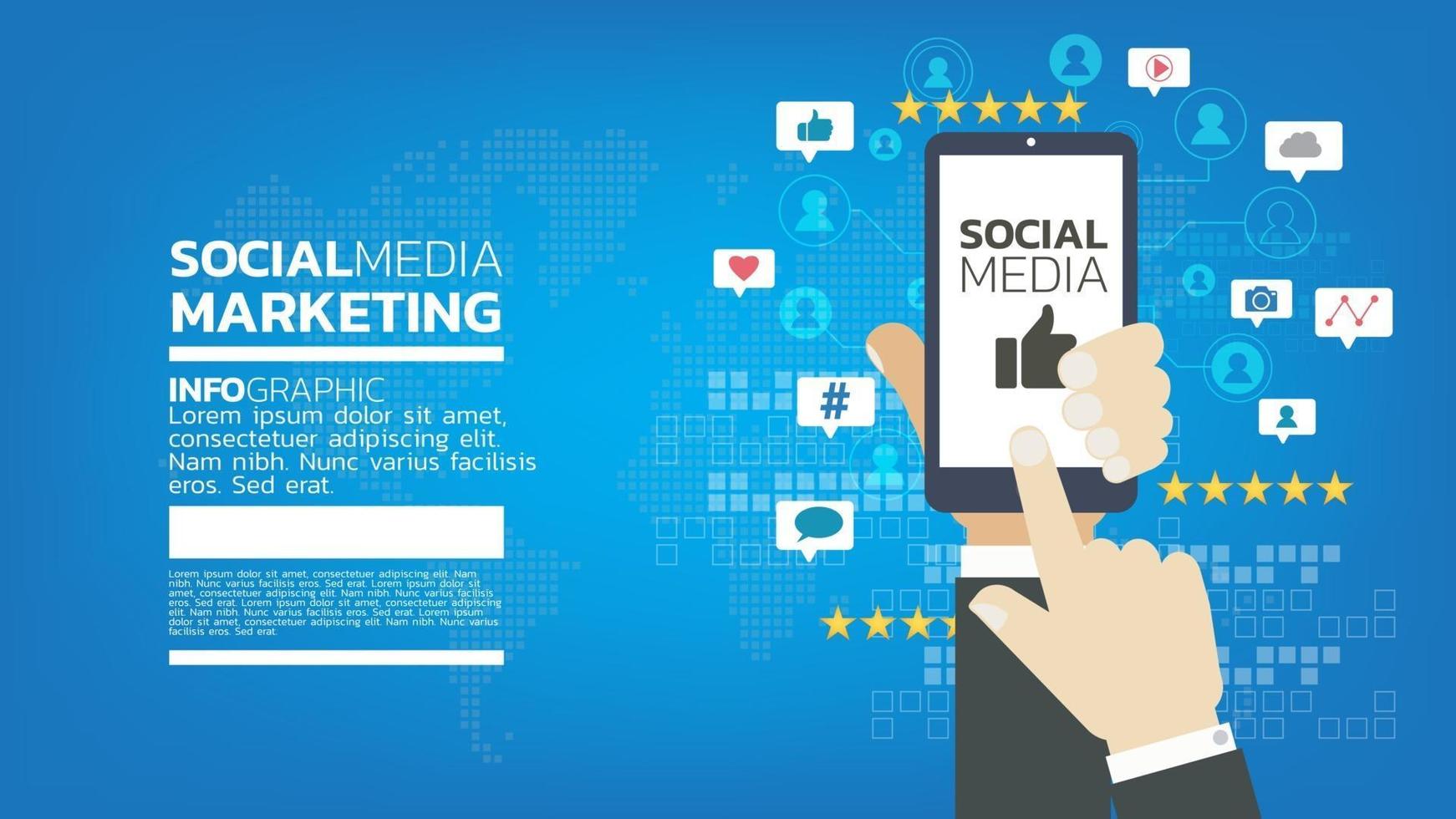 Social media marketing template concept with emoji, webpage, search icons, chat and chart with smartphone vector