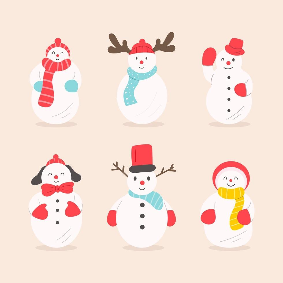 Snowman collection. Vector cartoon collection with different snowman. Flat vector illustration.