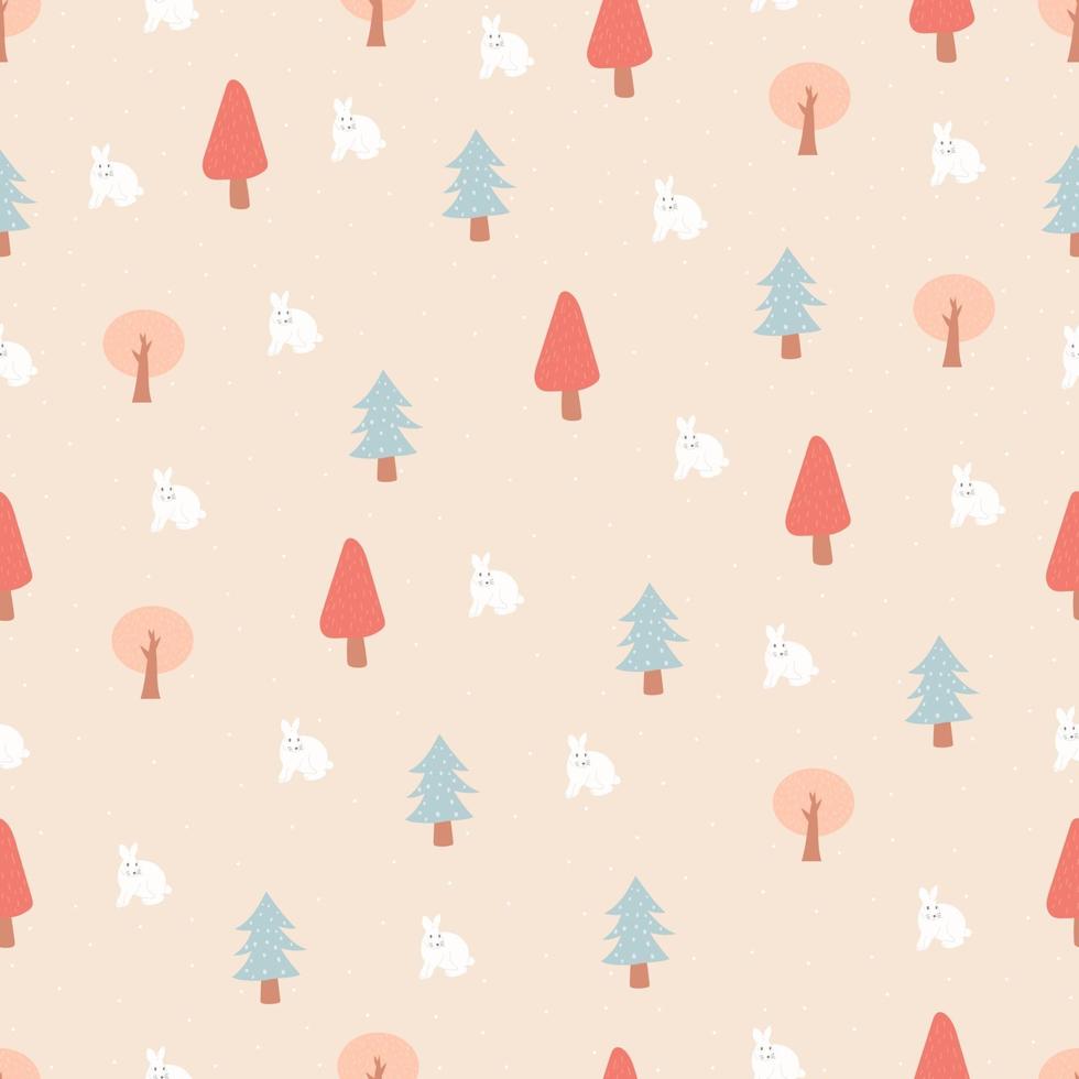 Vector seamless pattern with winter forest, rabbit and snow. Winter seasonal design background. Design for fabric, textile, wallpaper, background, print, wrapping, paper, packaging. Vector illustration.