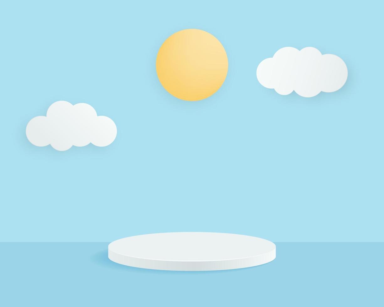 Empty cylinder podium on minimal background with clouds and sun. Abstract minimal scene with geometrical forms. Design for product presentation. 3d vector illustration.