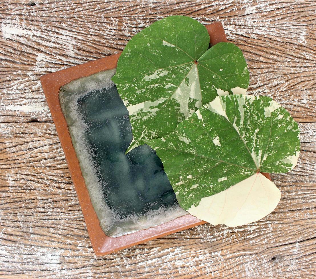 Top view of an empty ceramic plate with leaves on a wood table background photo