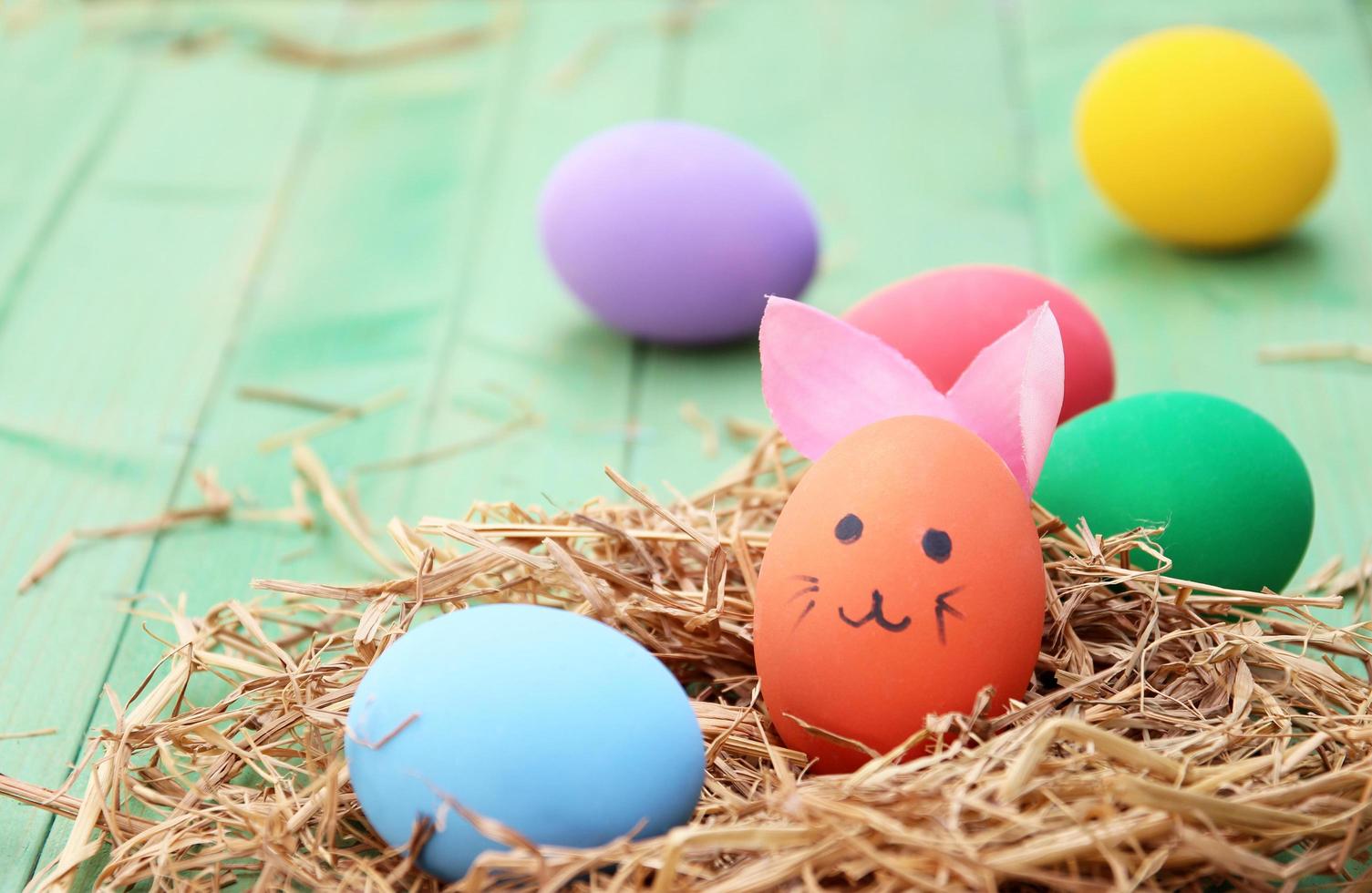 Easter eggs in a nest on a wooden background photo