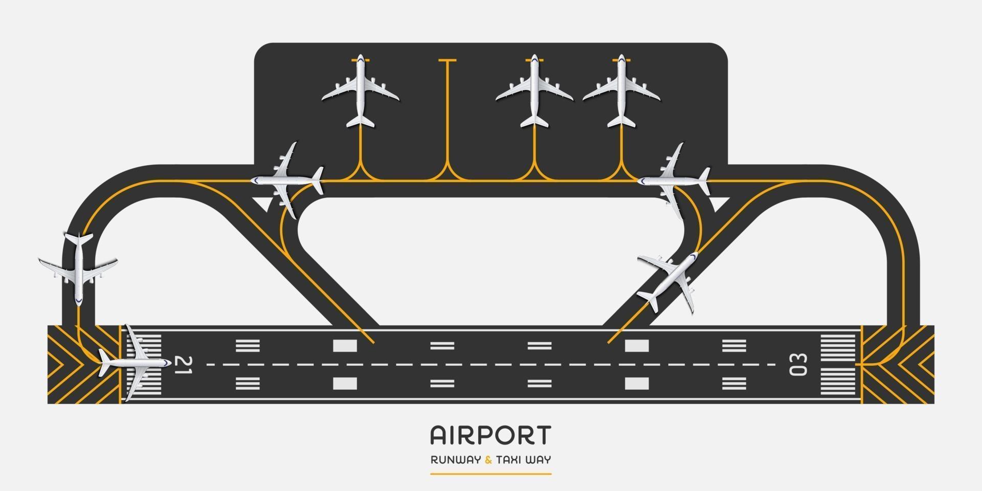 Vista superior de la pista de aterrizaje del aeropuerto y forma de taxi con avión, ilustración vectorial vector