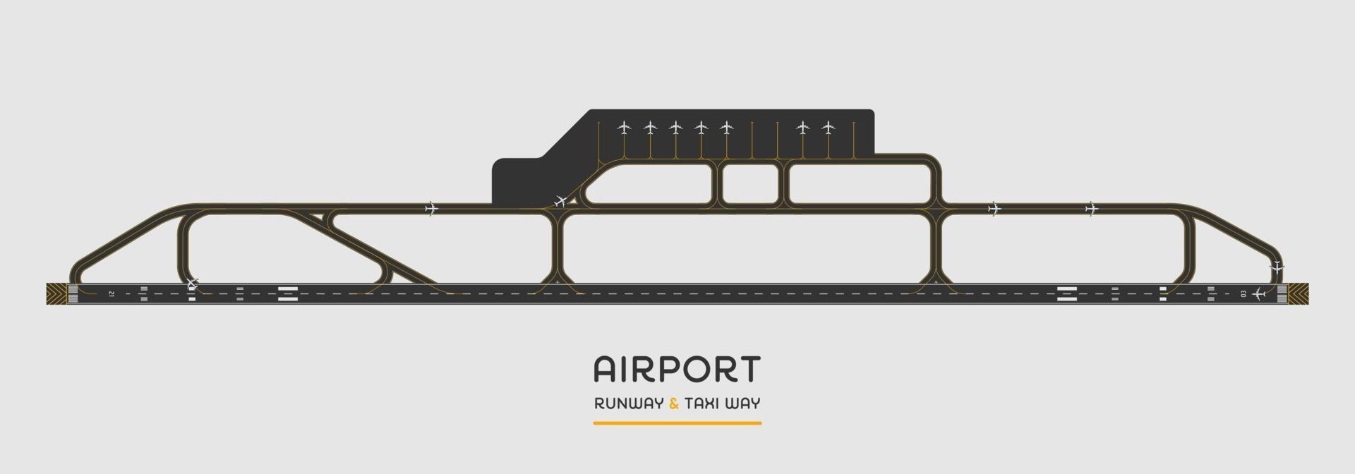 Vista superior de la pista de aterrizaje del aeropuerto y forma de taxi con avión, ilustración vectorial vector