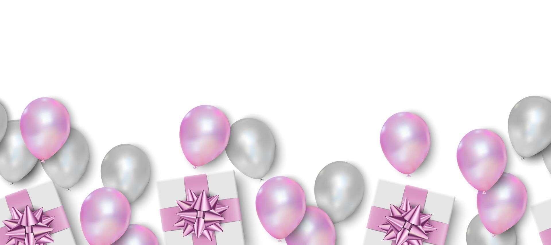 Gift box, pink and white balloons on white background, seamless pattern, vector illustration