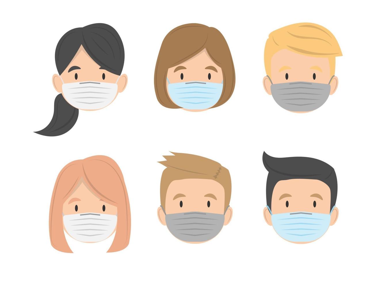 Group of children face wearing medical mask flat design, vector illustration