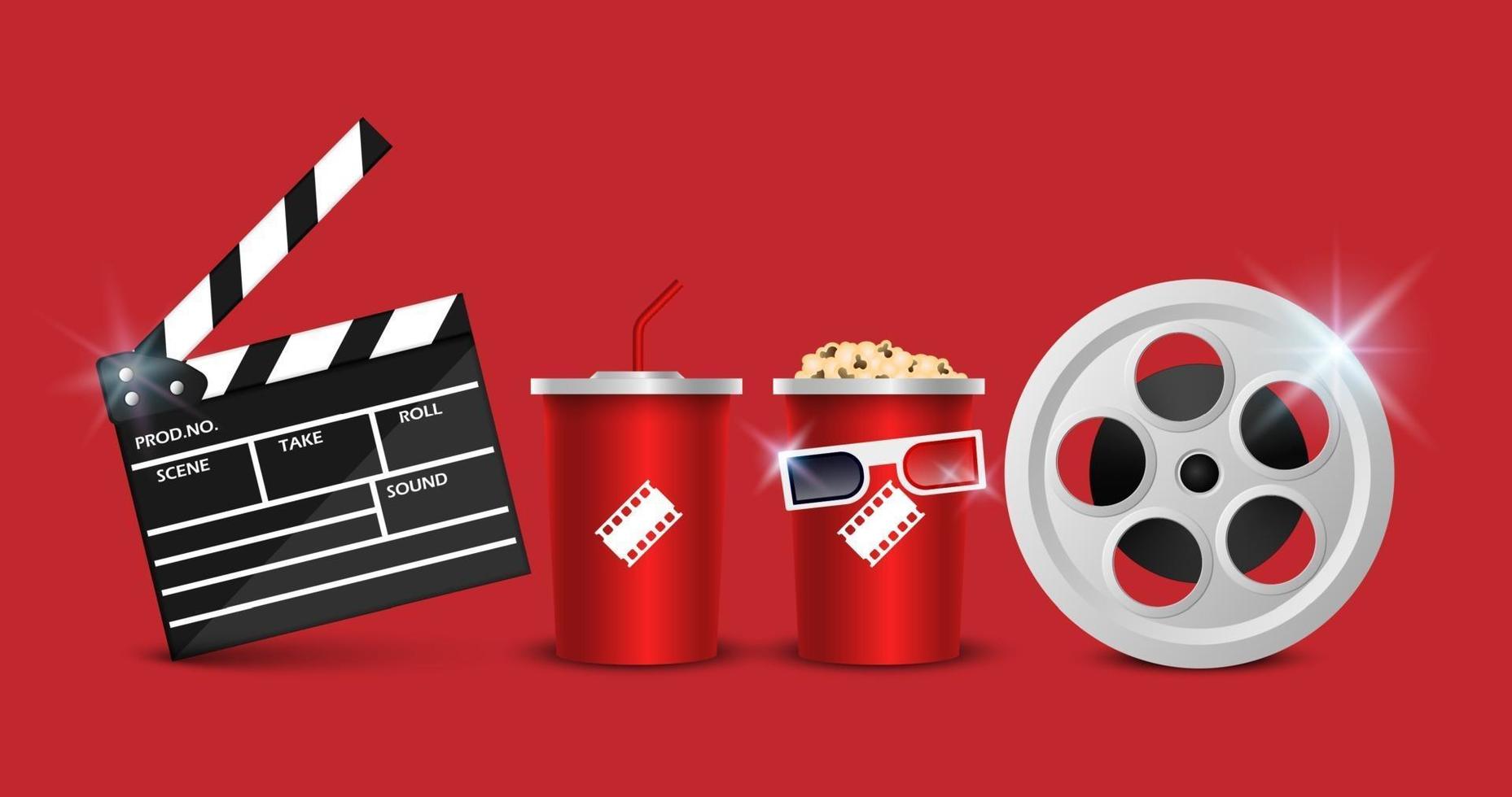 Cinema background concept, movie theater object isolated on red background, vector illustration