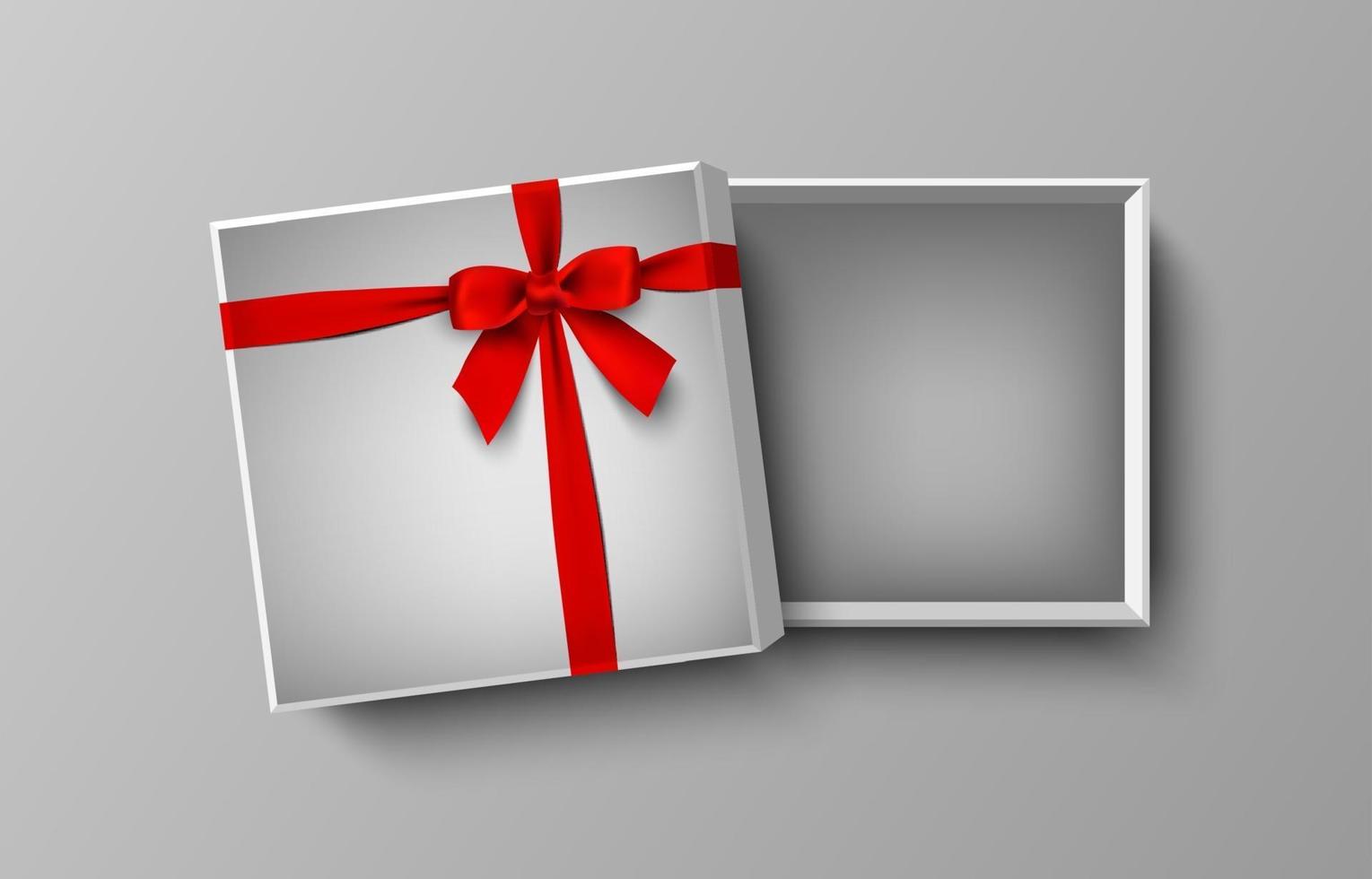 Opened white empty gift box with red bow and ribbon, vector illustration