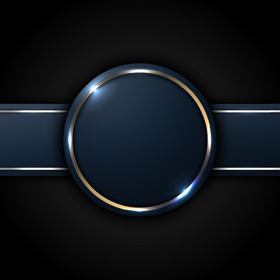 Dark blue circle and stripe label with golden line decoration on black background luxury style vector