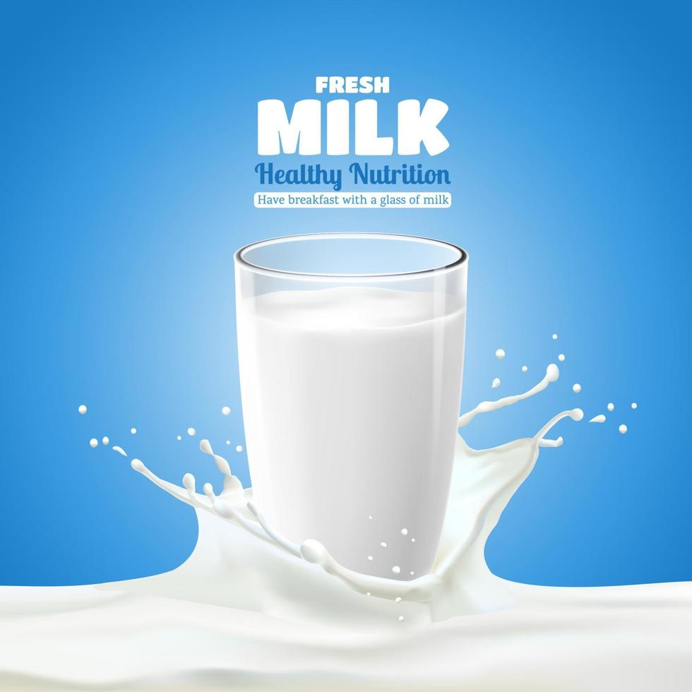 Realistic transparent glass of milk splashing on a blue background vector