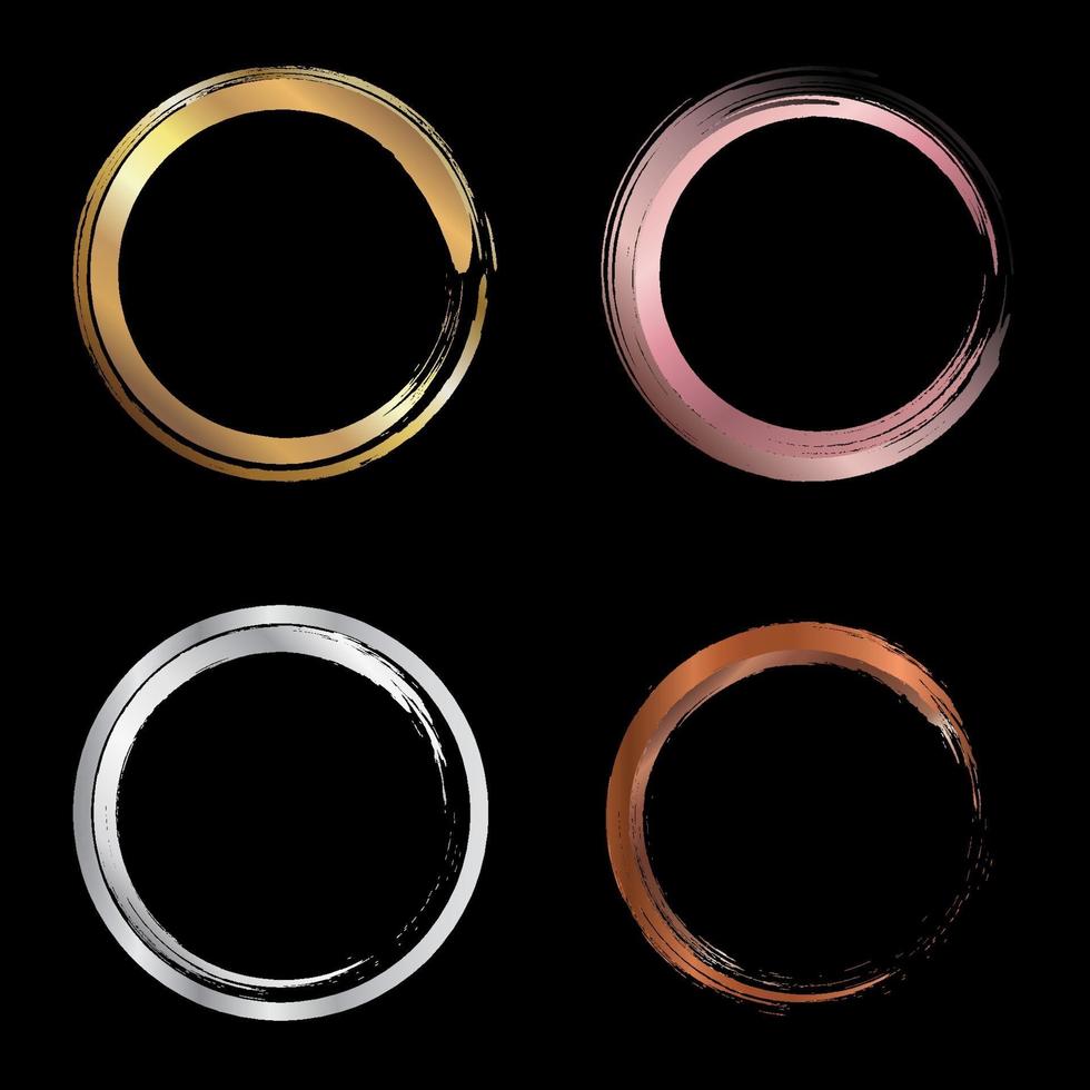 Conjunto de trazos de pincel de círculo metálico dorado, rosa, plateado, cobre para elementos de diseño de marcos aislados sobre fondo negro vector