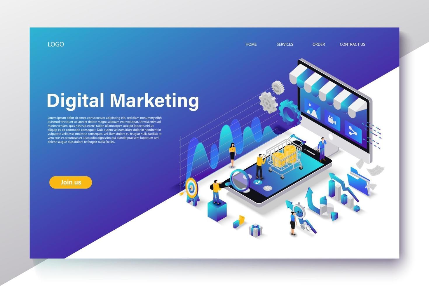 Isometric digital marketing concept with character for website landing page and mobile template vector