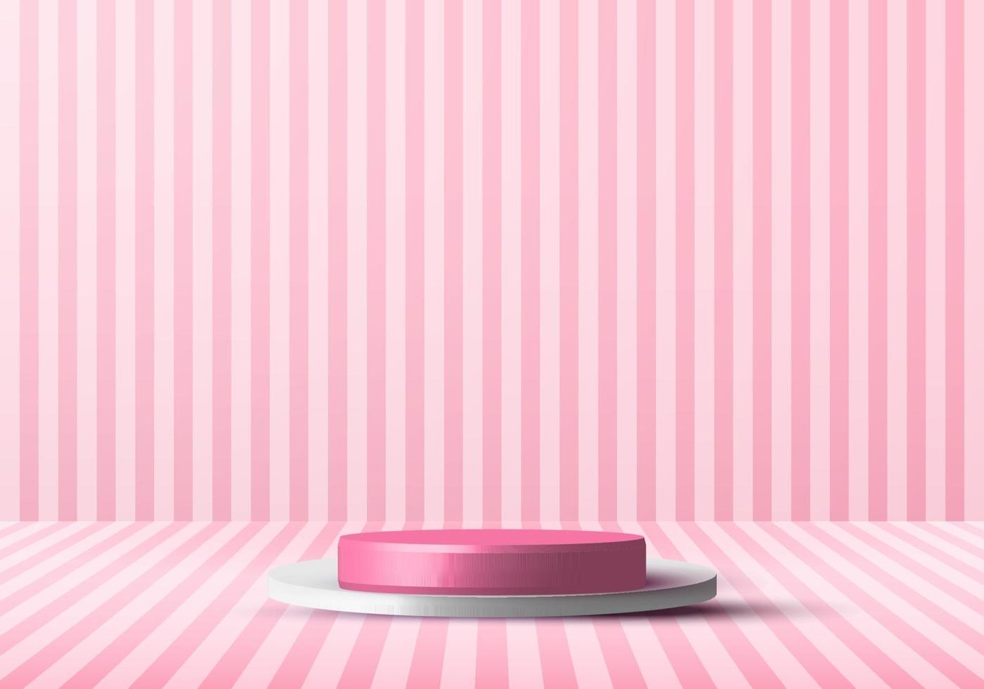 3D realistic pink and white rendering podium studio stage for display showcase with vertical lines pattern perspective background vector