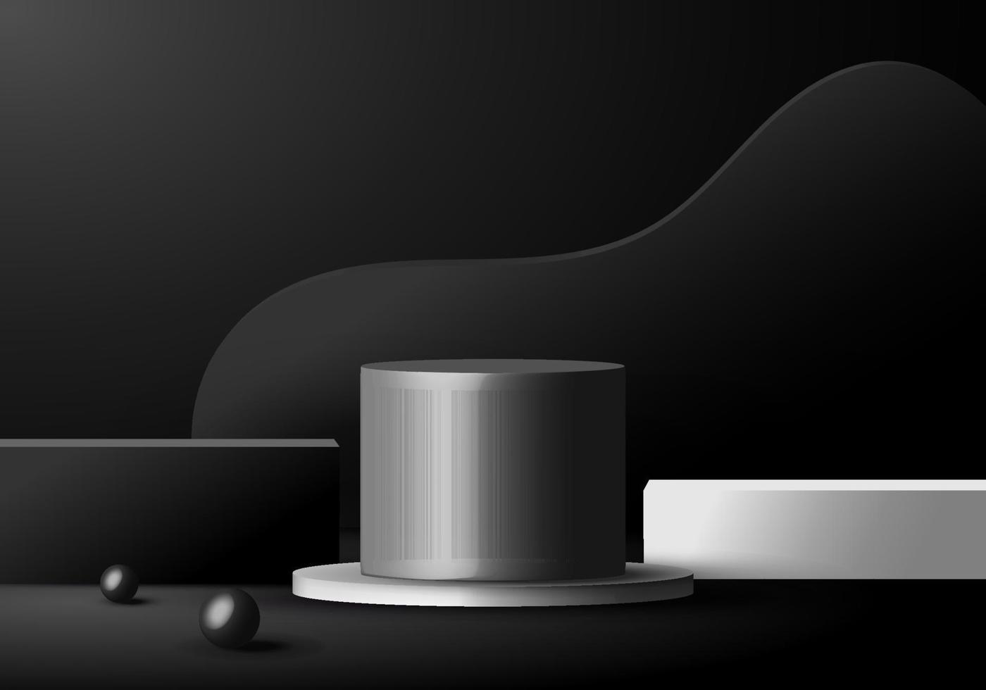 Escena mínima 3d podios en blanco y negro formas geométricas en fondo oscuro. vector