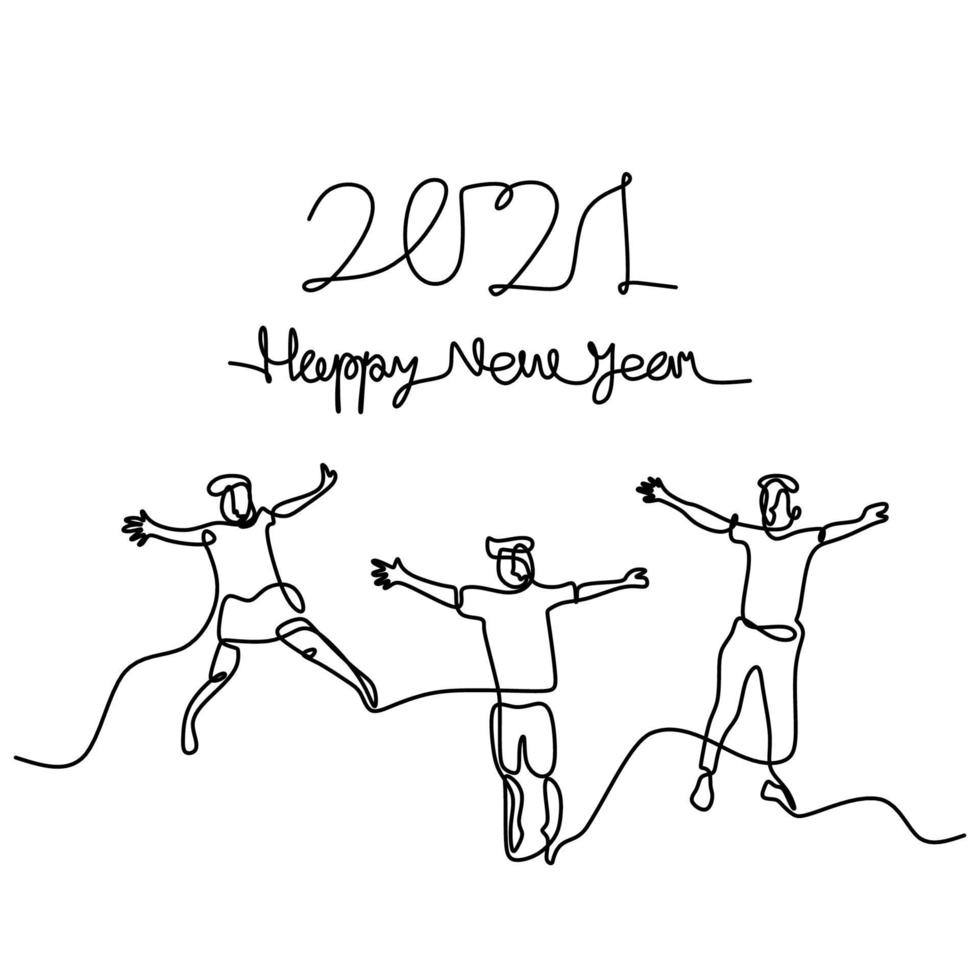 hombres y mujeres felices dan la bienvenida al dibujo continuo de una línea de año nuevo. masculino y femenino en concepto de fiesta de año nuevo aislado sobre fondo blanco. celebrando el año nuevo 2021. ilustración vectorial vector