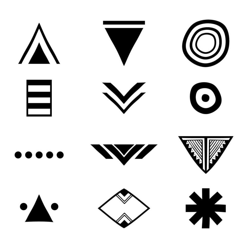 Conjunto de símbolos tribales aztecas. colección de vectores artísticos de elementos de diseño sobre fondo blanco. religión, filosofía, espiritualidad, ocultismo. vector iconos y logotipos geométricos de moda.