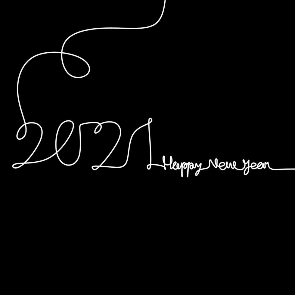 Continuous one line drawing of a 2021 with happy new year text handwritten lettering minimalist white line art sketch isolated on black background. Year of the bull. Greeting card or banner design vector