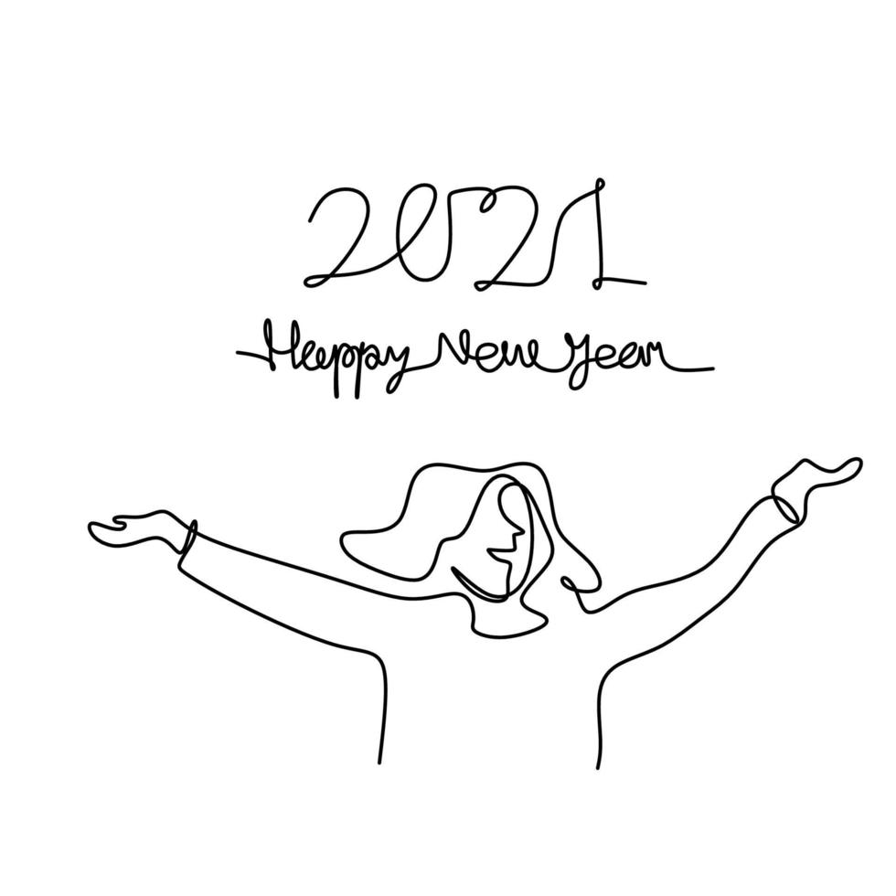 dibujo continuo de una línea de mujer para celebrar el año nuevo 2021. niña feliz se levanta y levanta las manos para dar la bienvenida al año nuevo. año nuevo, nueva esperanza. año del toro. ilustración vectorial vector