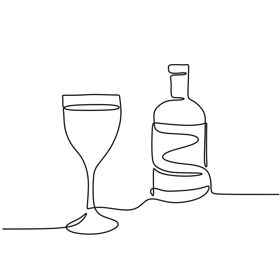 dibujo continuo de una línea de una botella de vino y un boceto lineal de vidrio aislado sobre fondo blanco. botella de champán con una copa para la fiesta de celebración. diseño minimalista. ilustración vectorial vector