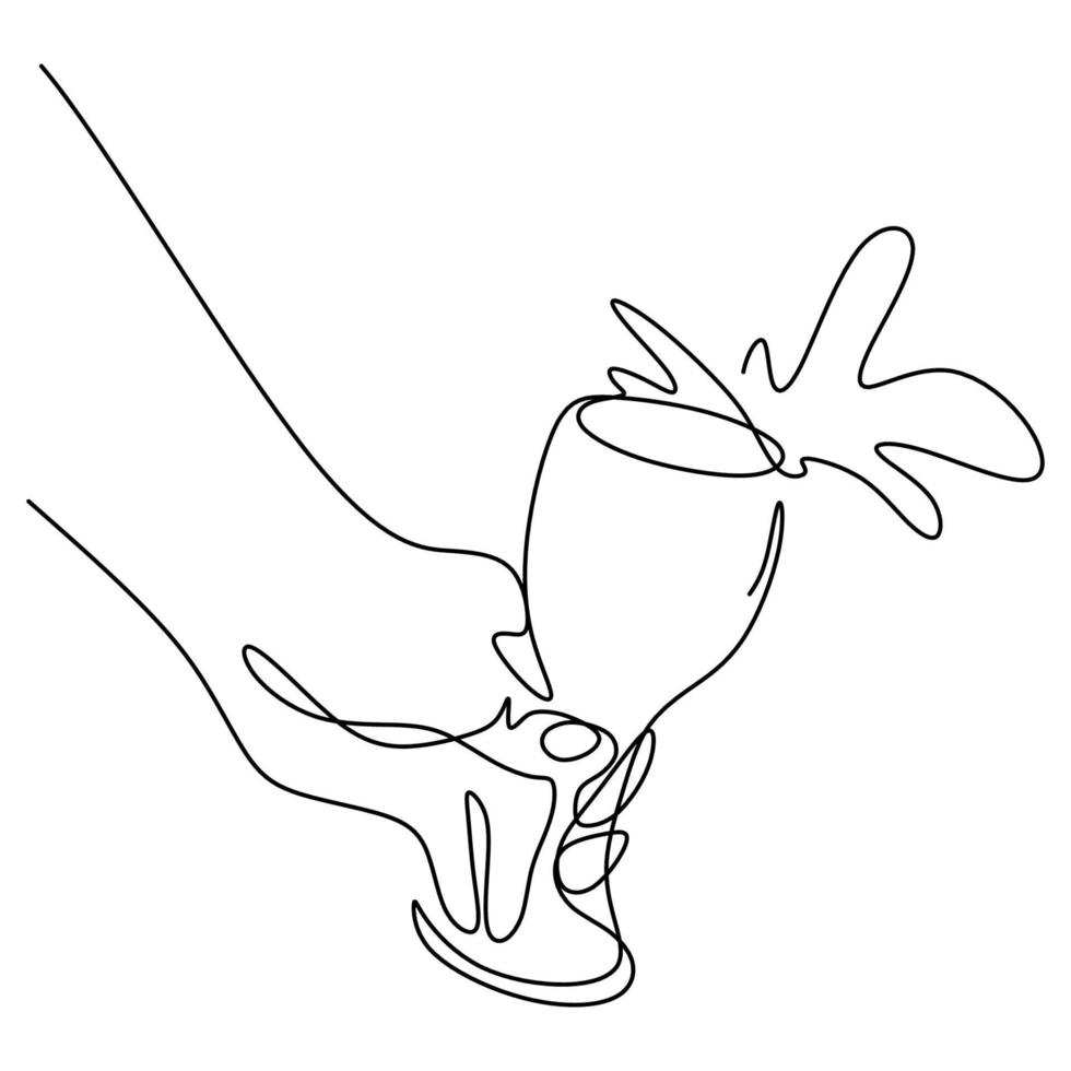 One continuous drawn line of a glass drawn from the hand a picture of the silhouette. Hands cheering with glasses of champagne wine to celebrating new year party isolated on white background. vector