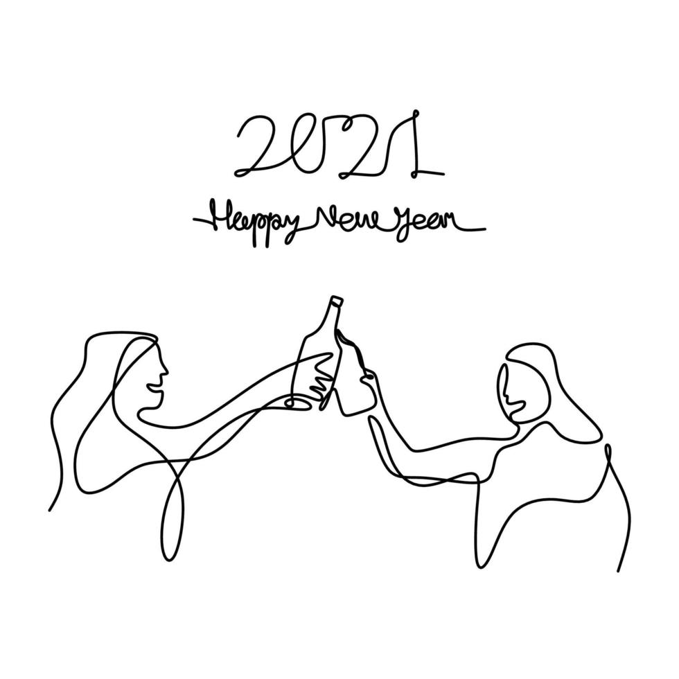 un dibujo de línea continua de dos mujeres jóvenes sosteniendo una botella de champán y animando para dar la bienvenida al año nuevo 2021. celebración concepto de año nuevo aislado sobre fondo blanco. ilustración vectorial vector