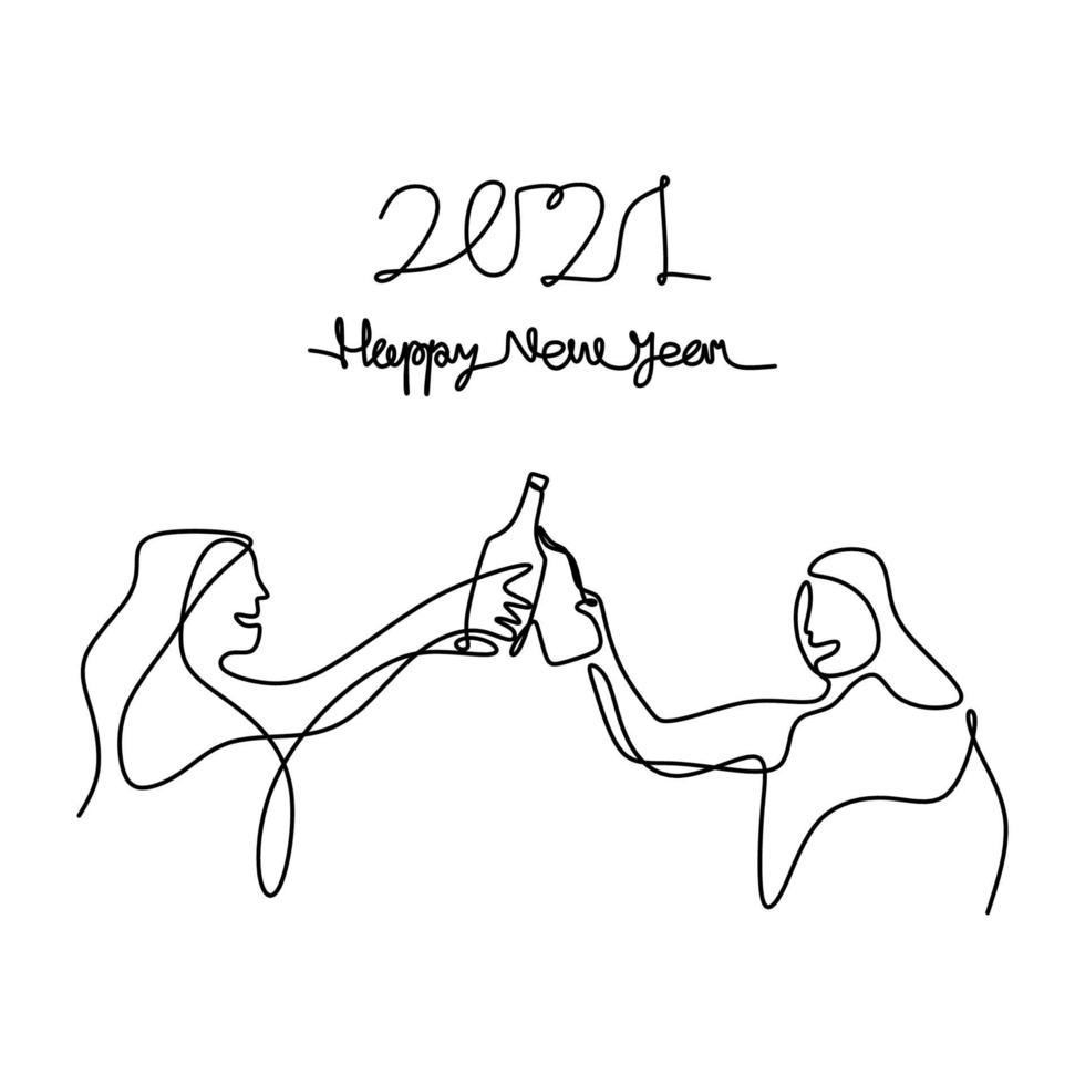 One continuous line drawing of two young woman holding a champagne bottle and cheering to welcome the 2021 New year. Celebration New Year concept isolated on white background. Vector illustration