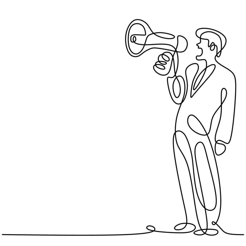 Continuous one line drawn a man holding a loudspeaker and speak eagerness shouting loudly. The concept of announcement, warning, oratory, loud statement, publicity. Character male in public speaking vector