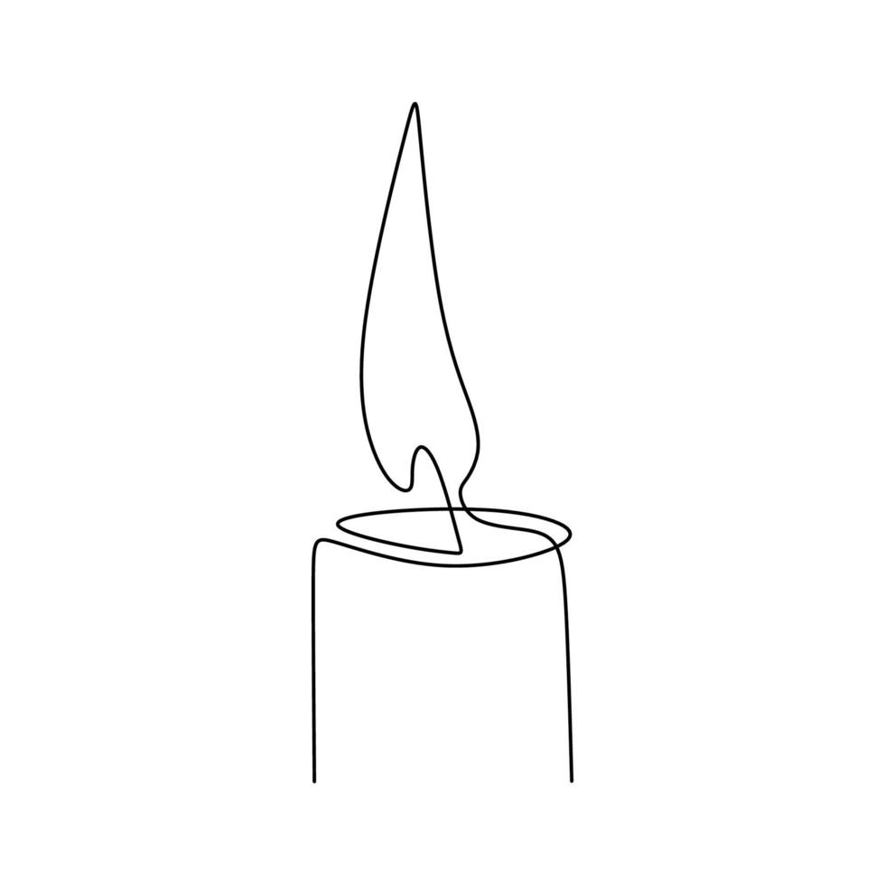 One continuous line drawing of candle lighted. Burning fire and melting candle isolated on white background. Light in the dark concept black outline design. Minimalism style. Vector illustration