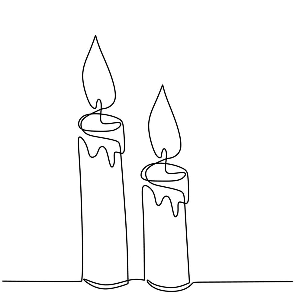 Hermosas velas de dibujo continuo de una línea. dos velas encendidas y fundidas. Dibujado a mano de un par de velas de diseño minimalista sobre fondo blanco. ilustración vectorial aislada vector