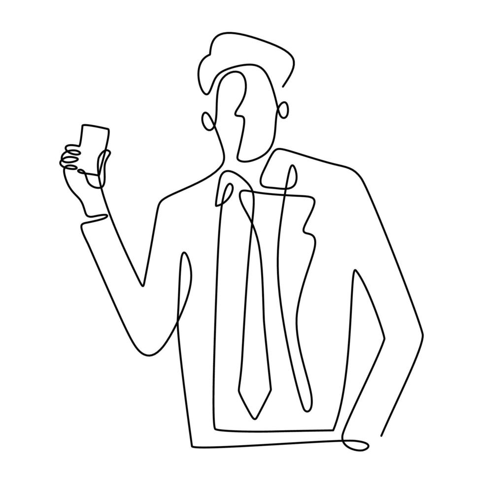 Businessman holds a business card or credit card one continuous line drawing on white background. Young officer man in suit pay for his shopping using a credit card. Purchase with cashless concept vector