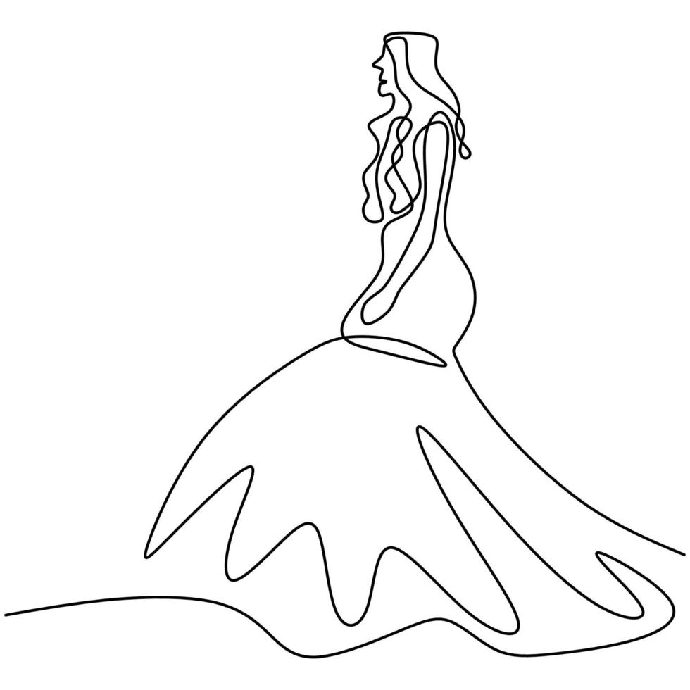 Continuous one line drawing of woman with gown. Beauty female model wearing dress and look so elegant while standing pose. Girl fashion concept line art minimal design isolated on white background vector