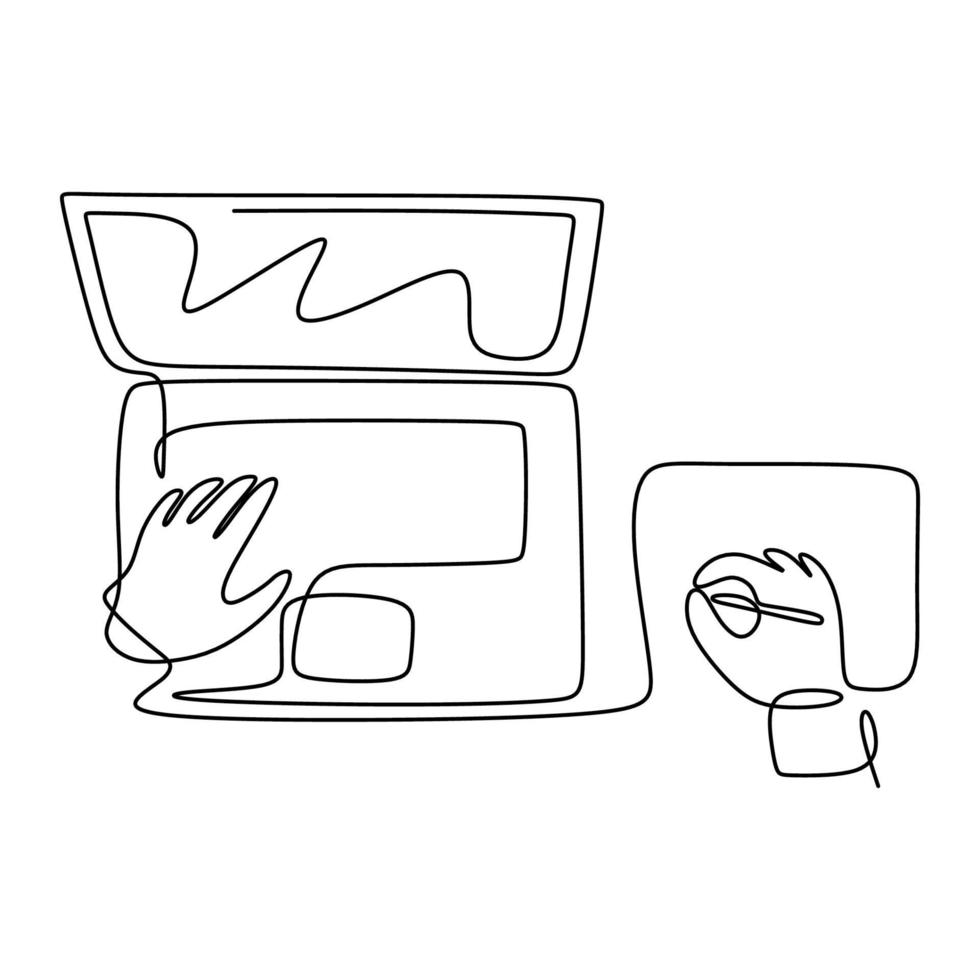 dibujo continuo de una línea de la mano escribiendo en el teclado de la computadora portátil. personas que utilizan una computadora para compartir contenido multimedia con amigos en línea. conceptos de negocio y tecnología. ilustración vectorial vector