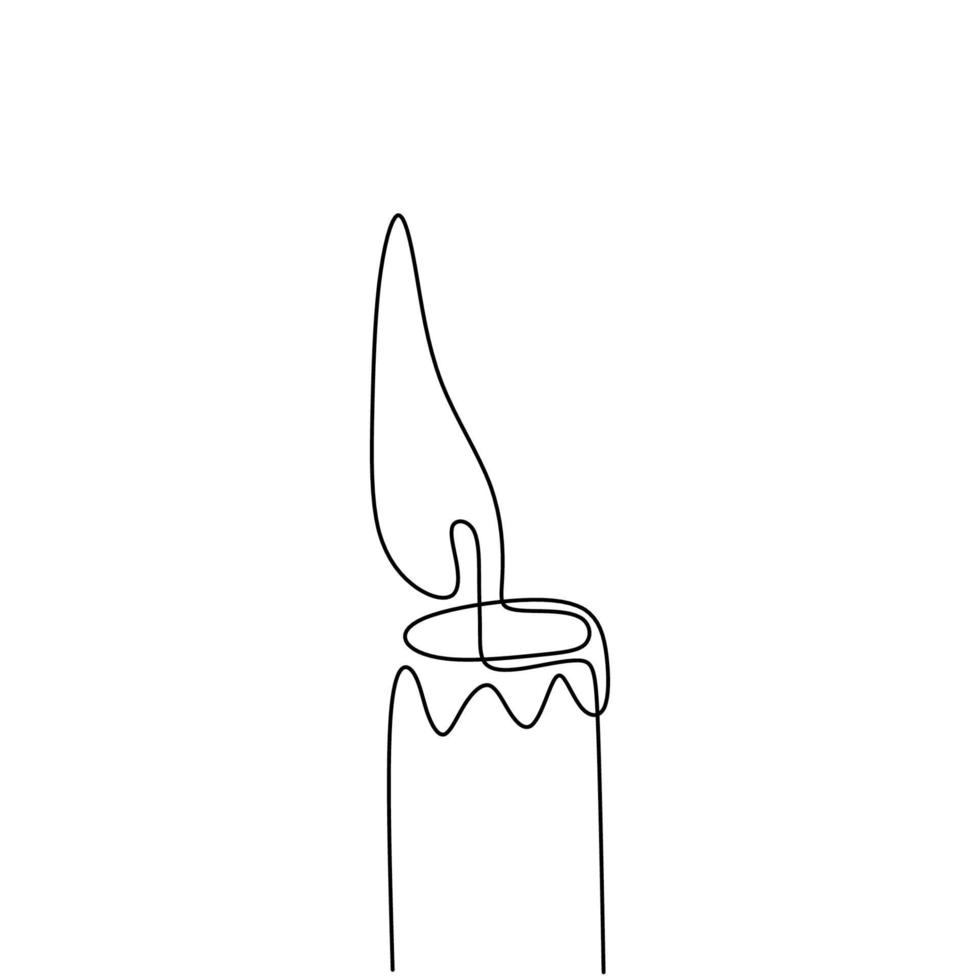 One continuous line drawing of candle lighted. Burning fire and melting candle isolated on white background. Light in the dark concept black outline design. Minimalism style. Vector illustration