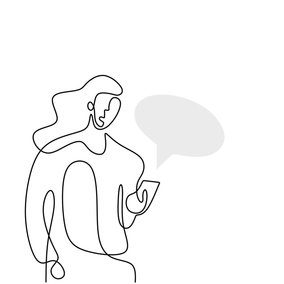 Continuous one line drawing of a woman holding smartphone. Beautiful woman standing and looking at her phone for chatting with speech bubble isolated on white background. Vector illustration