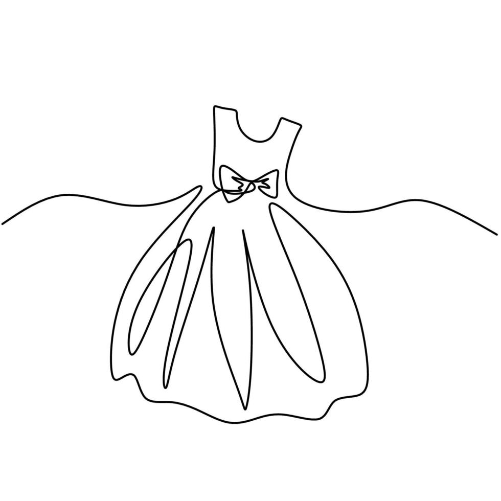 dibujo continuo de una línea de un vestido de belleza. Fiesta de vestido corto para niña, diseño minimalista de arte lineal dibujado a mano. concepto de ropa de mujer aislado sobre fondo blanco. ilustración vectorial vector