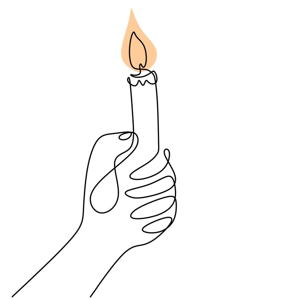 Continuous one line drawing of a hand holding burning candle. Human hands holding a memory candle. Melting wax candle in left hand. Vector minimalism design isolated on white background