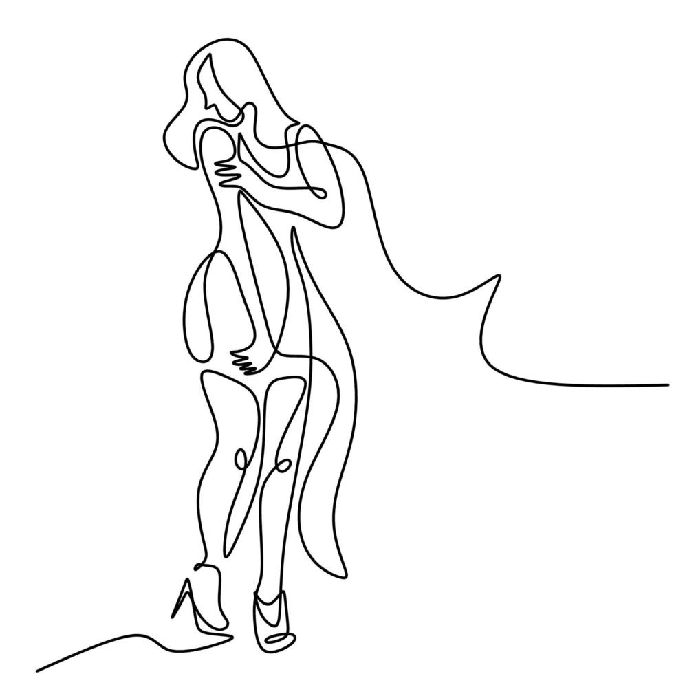 Continuous one line drawing of cheering woman in short dress. Happy young girl with long hair standing pose and wearing cute clothes. Character fashionable female. Vector minimalism design