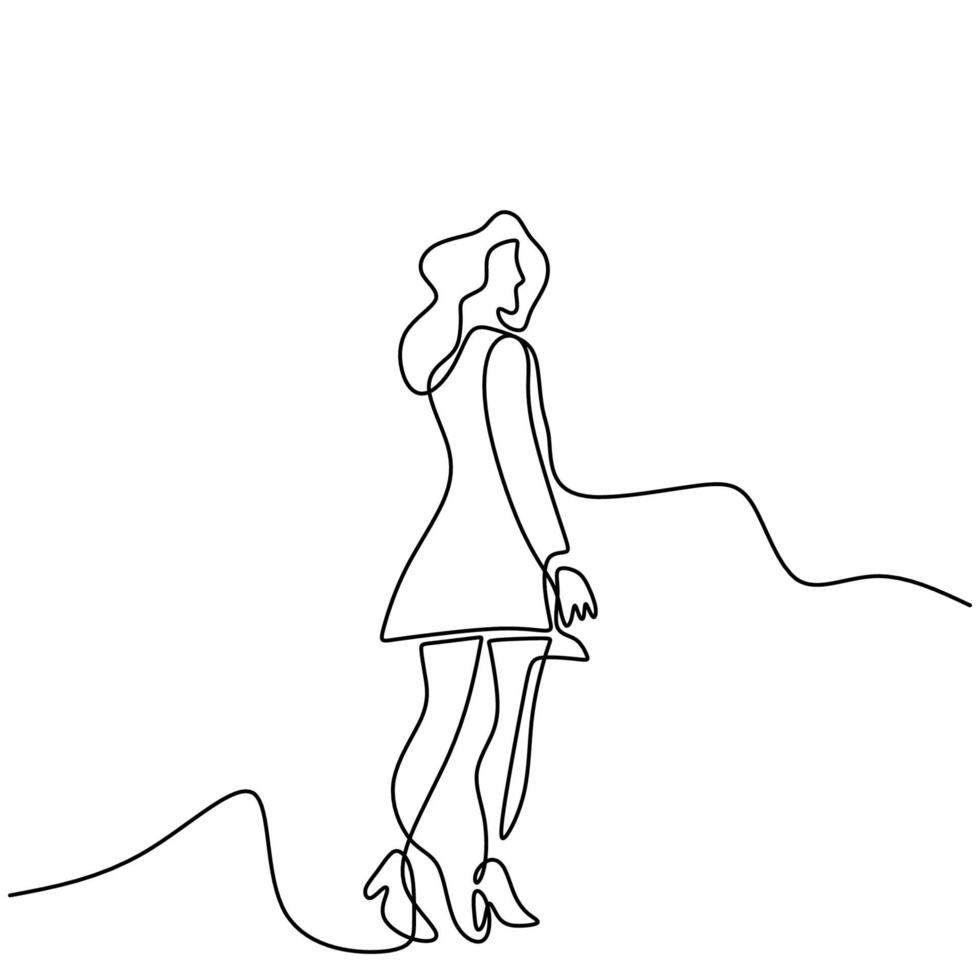 dibujo continuo de una línea de mujer animadora en vestido corto. niña feliz con pose de pie de pelo largo y vistiendo ropa linda. personaje de moda femenina. diseño de minimalismo vectorial vector