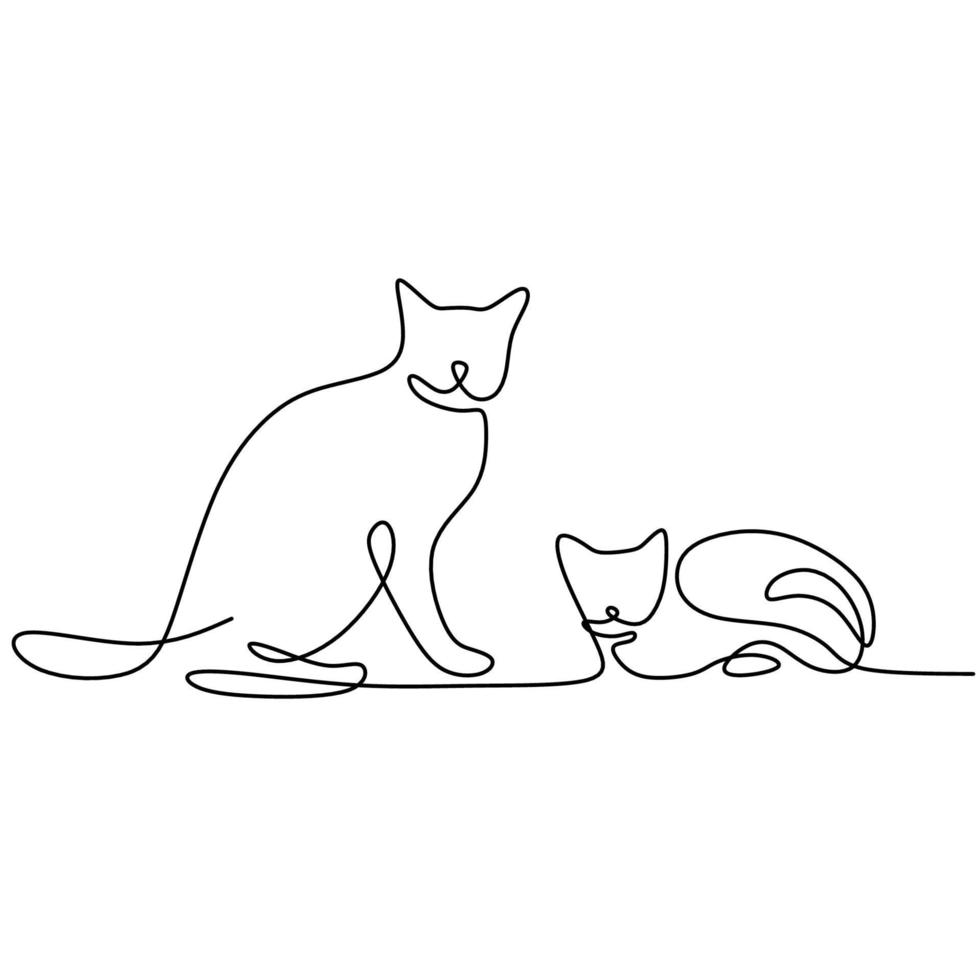 Continuous one line drawing of two cats in minimalism style. Cute