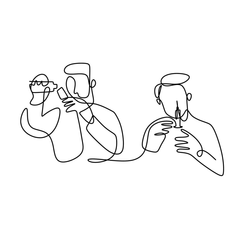 Two young doctors one continuous line drawing. A doctor holding injection and one other holding bottle vaccine. Professional medical officer. Health care concept. Vector minimalism style illustration